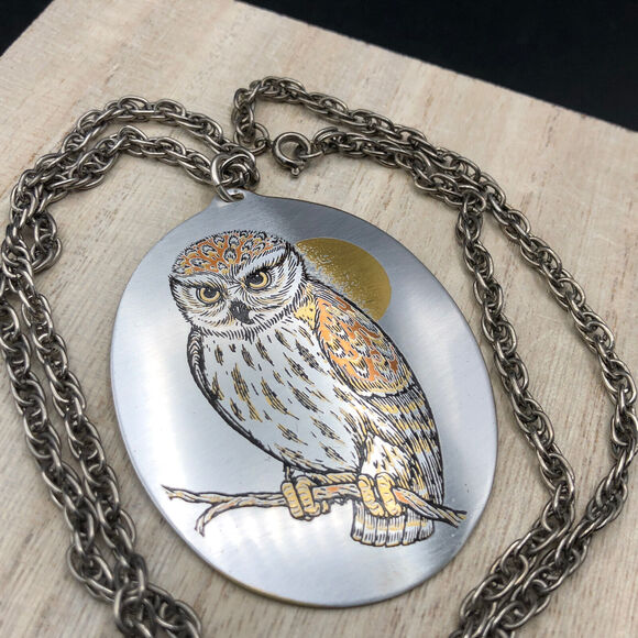 Reed & Barton Necklace 24" Damascene Owl Moon Etched Metal Silver Tone Pendant - Picture 5 of 8